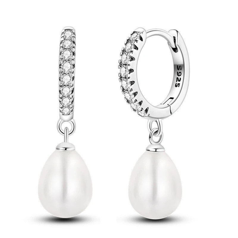Crystal Pearl Earrings Minimal Earrings 925 Sterling Silver Hoop Earrings