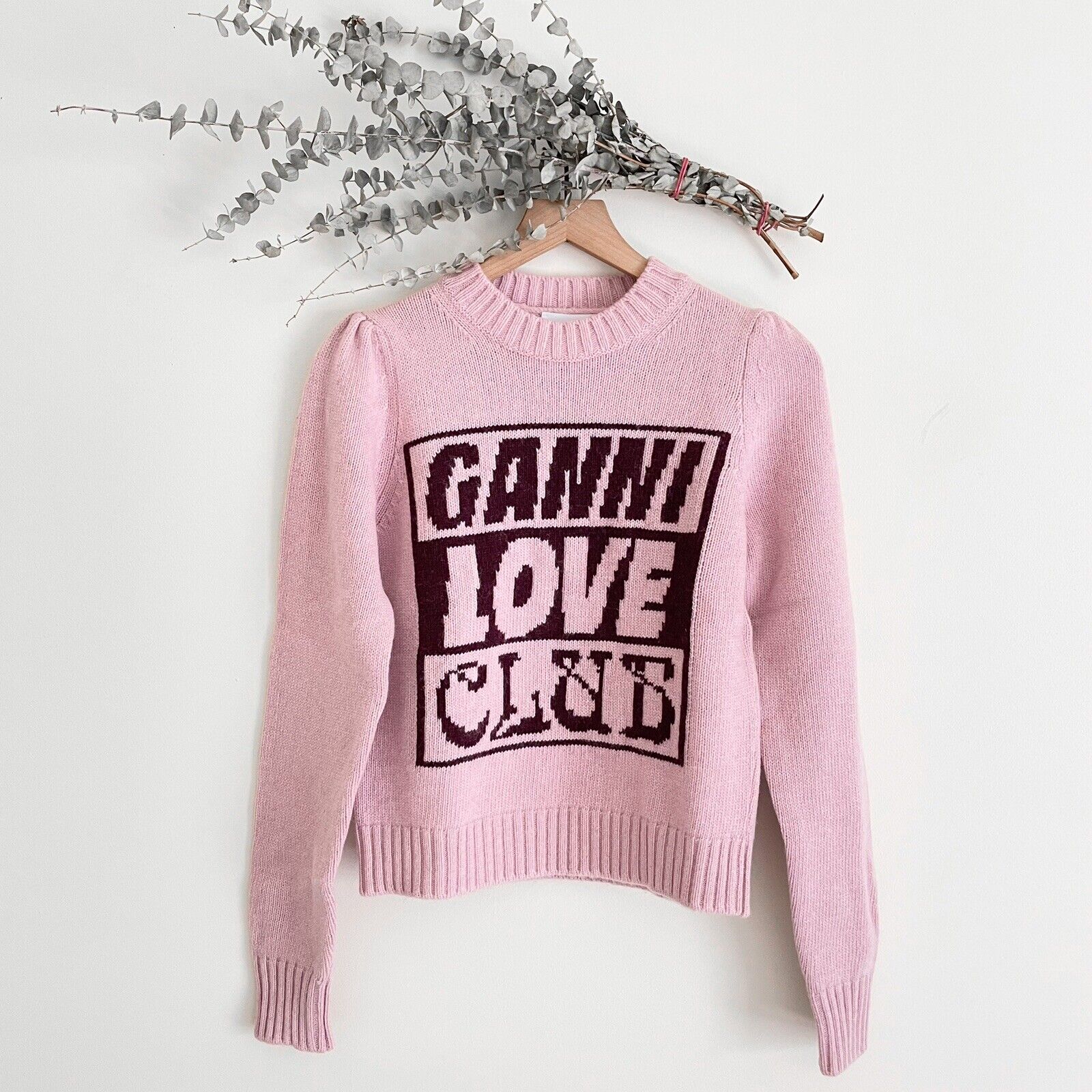 GANNI Graphic Love Club Lambswool Sweater Small Lavender |