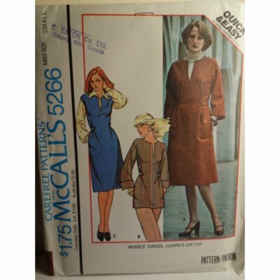 McCalls Sewing Pattern 5266 Misses Dress, Jumper, Top, Small, UNCUT 1976 Vintage