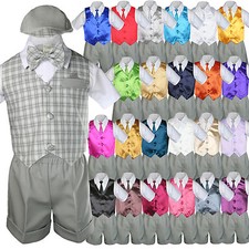 7pc Baby Boy Toddler Formal Gray Checker Vest Shorts Suit  Extra Vest Necktie