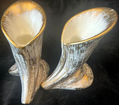 Set 2 Vintage MCM Haeger Tweed Calla Lily Candle Holder Vase 22K Gold Trim Pair