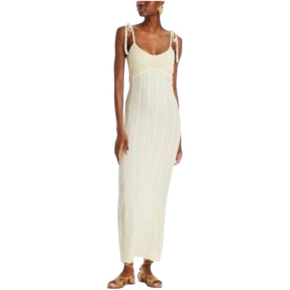 Maxi Vestido Tejido Línea y Punto Crochet Mujer Mediano Marfil Crema Foto 2 de 4