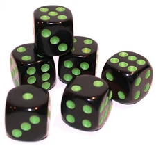 New Set of 6 Opaque Rounded Corner 16mm Dice - 5/8" Game Dice - Black Moss Green