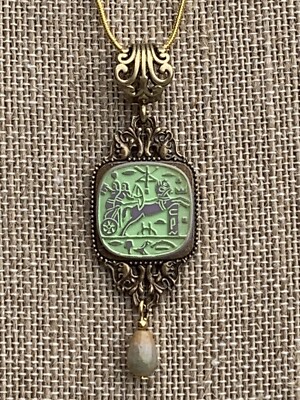 NEW ITEM-ANT. EGYPT REVIVAL CZECH GLASS CHARIOT-HIEROGLYPHIC NECKLACE W/AGATE.g
