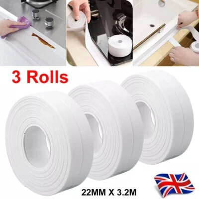 3 x PVC WATERPROOF SEALING TAPE ADHESIVE WHITE BATHROOM KITCHEN LEAK 22MM X 3.2M