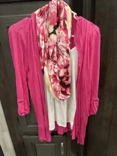 Notations Women's L Pullover Blouse Attached Insert Short Sleeve Scarf Stretch