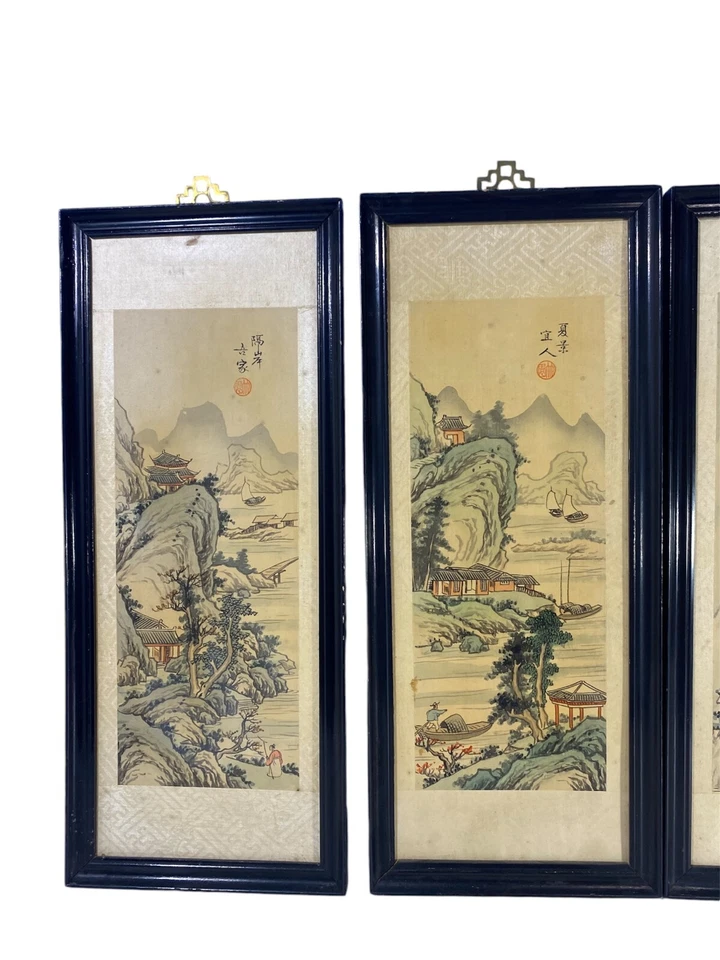 dos pares de pintura de seda de paisaje chino/japonés Foto 3 de 4