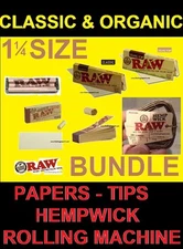 RAW 1 1/4 ROLLING Classic+Organic BUNDLE+MACHINE+PAPERS+TIPS+13 foot HEMP WICK