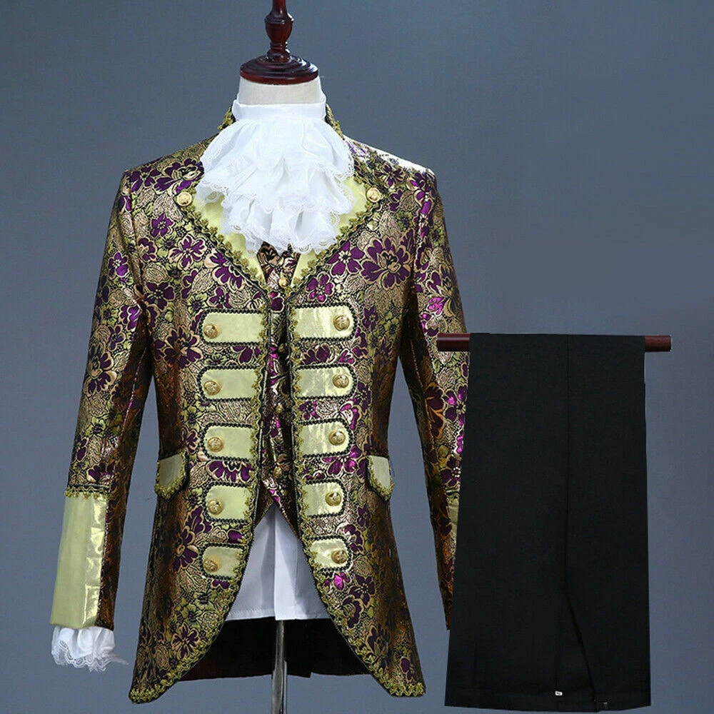 Mens 3 Piece Suit Embroidered Jacket Vest Victorian Costume Pants Trousers