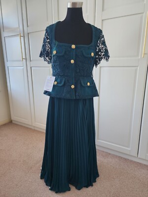 SELF-PORTRAIT chiffon midi pleated top and skirt lace dress teal