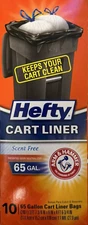 Hefty 65-Gallon Arm & Hammer Scent Free Cart Liner Bags - Package of 10 - NEW