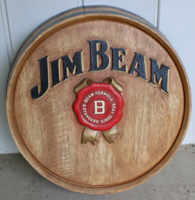 Jim Beam Bourbon Whiskey Barrel Head Raised Letter Sign Large 24'' Man Cave