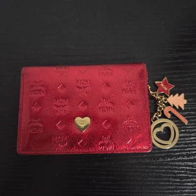 MCM Red Logo Bifold Wallet Snap Closure Chain Charm Folding Women