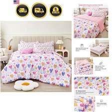 Kids Twin Comforter Bed Set 6 Pieces Pink Heart Microfiber Bedding for Girls