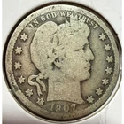 1907 Barber Quarter Dollar 90% Silver US Coin Philadelphia Mint Liberty Head