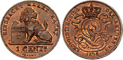 COIN Belgium 1 Centime 1894 KM# 34 Copper Leopold II UNC red mint luster