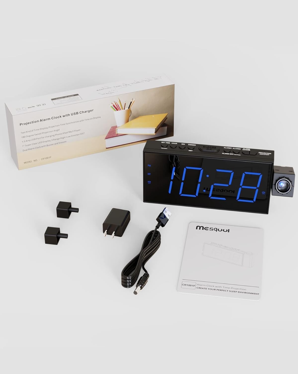 Digital Projection Alarm Clocks for Bedrooms - Large LED Display, 180&deg; Rotatable