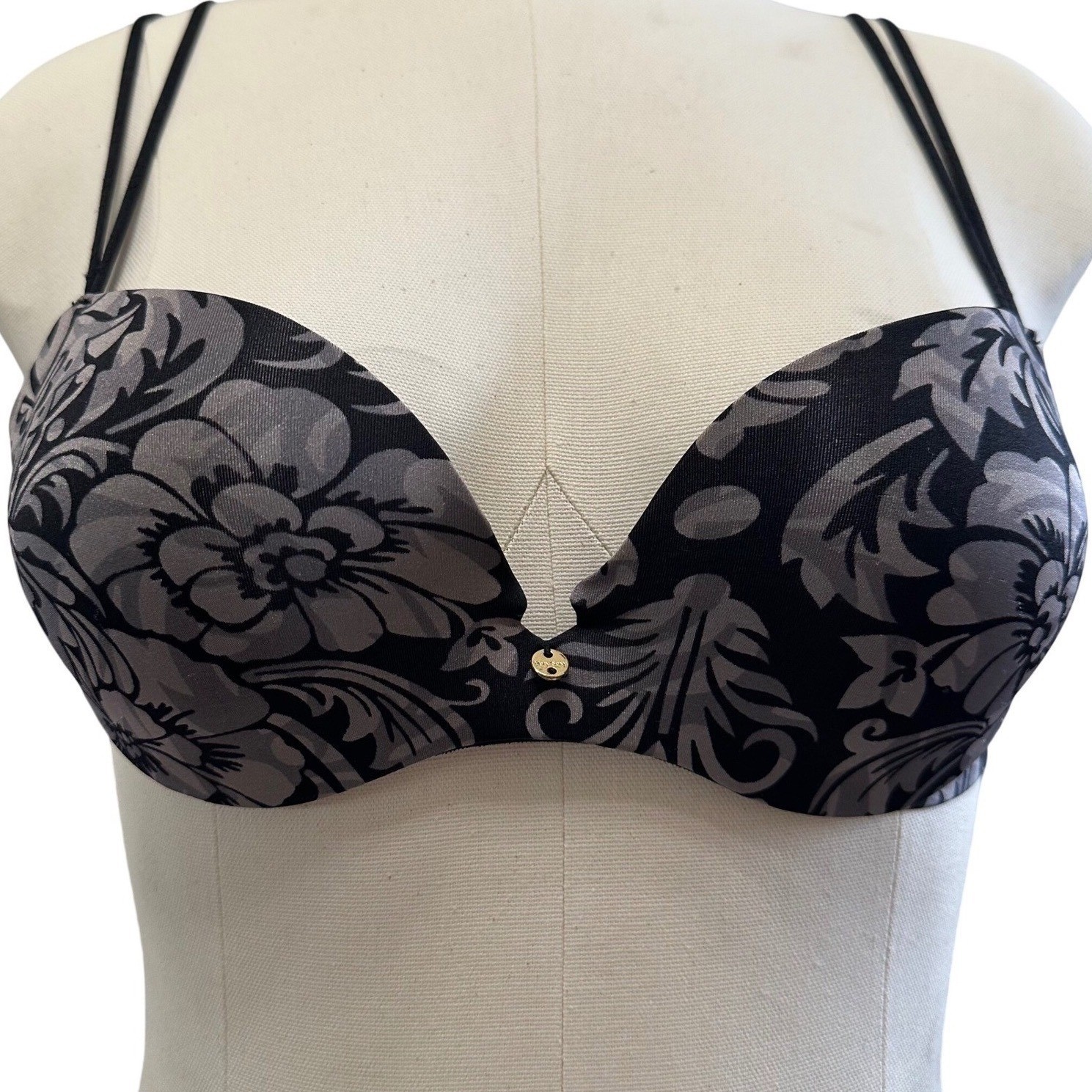 Victoria's Secret Padded Demi Bra Women 34B Black Grey Floral Damask Very Sexy