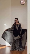Designer Collection Black Faux Georgette Kurta Palazzo With Dupatta For Party
