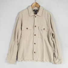 H M Shirt Shacket Mens Sz Medium Beige Linen Blend Button Up Pockets Long Sleeve