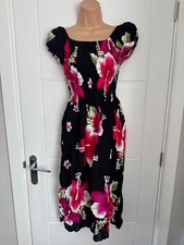 Womens Black Pink Hibiscus Floral Off Shoulder Midi Dress UK 8 S B18