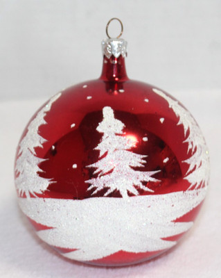 Large Round Glass Red Mica Evergreens & Stars Christmas Ornament