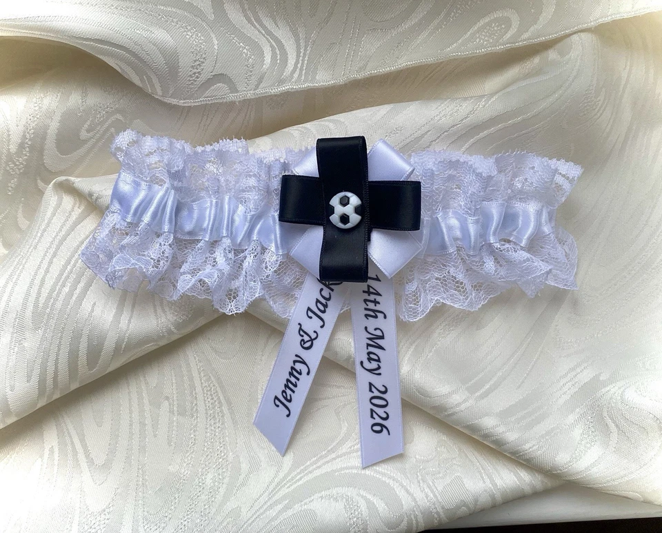 PERSONALISED FOOTBALL TEAM THEMED WEDDING GARTER BLACK AND WHITE COLOURS - Image 1 of 4