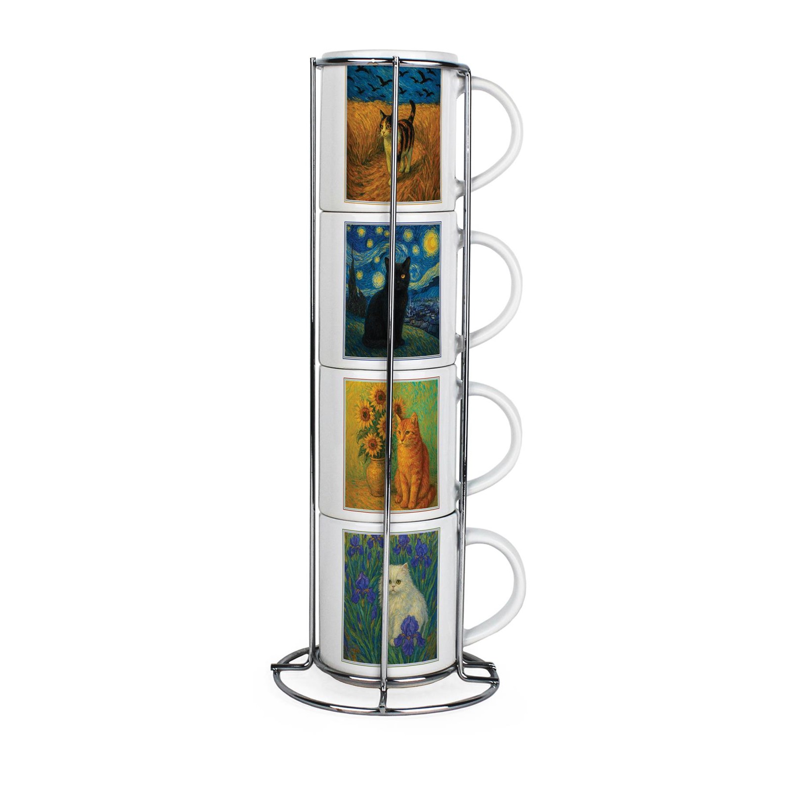 Van Gogh Cats Set of 4 Small Mugs with Stand - Art Inspired Gift for Cat Lovers
