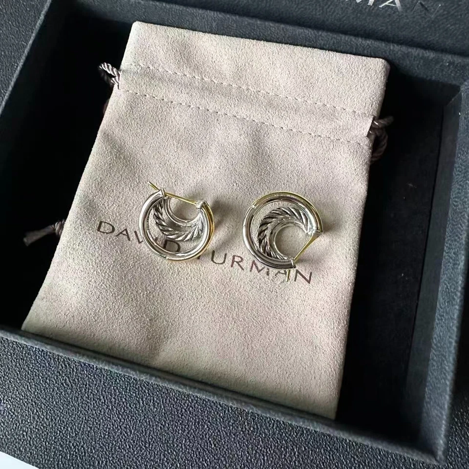 David Yurman Three Row Hoop Earrings 925 Sterling  with 18KT Diamonds 21mm - Image 4 of 4