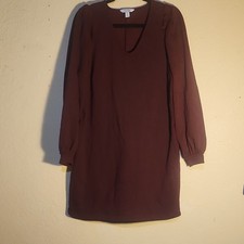 Nine West Knit Brown Long Sleeve Shift Dress V-Neck Ruffle Knee Length XL