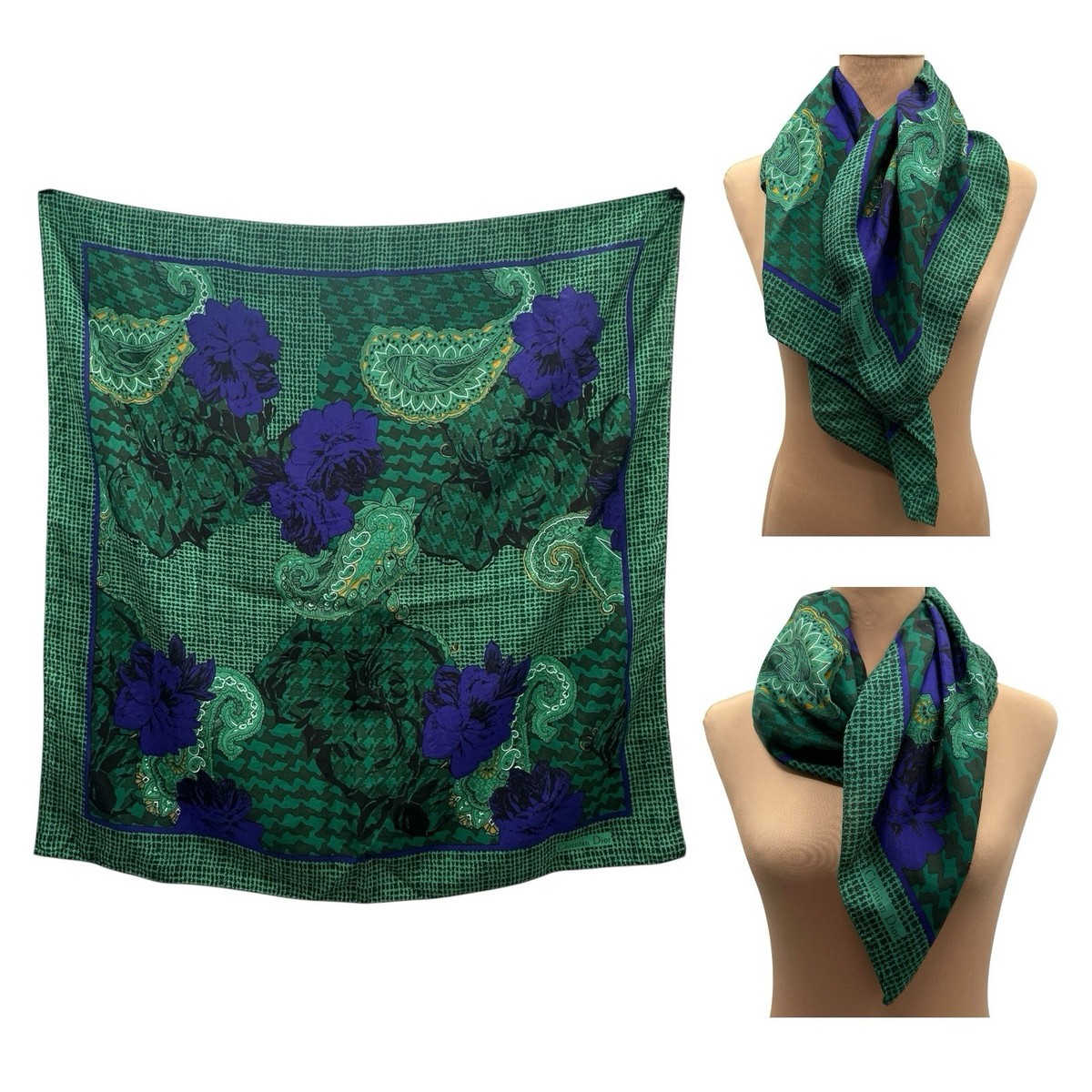 Vintage Christian Dior Silk Scarf Green Blue Paisley Rose Floral