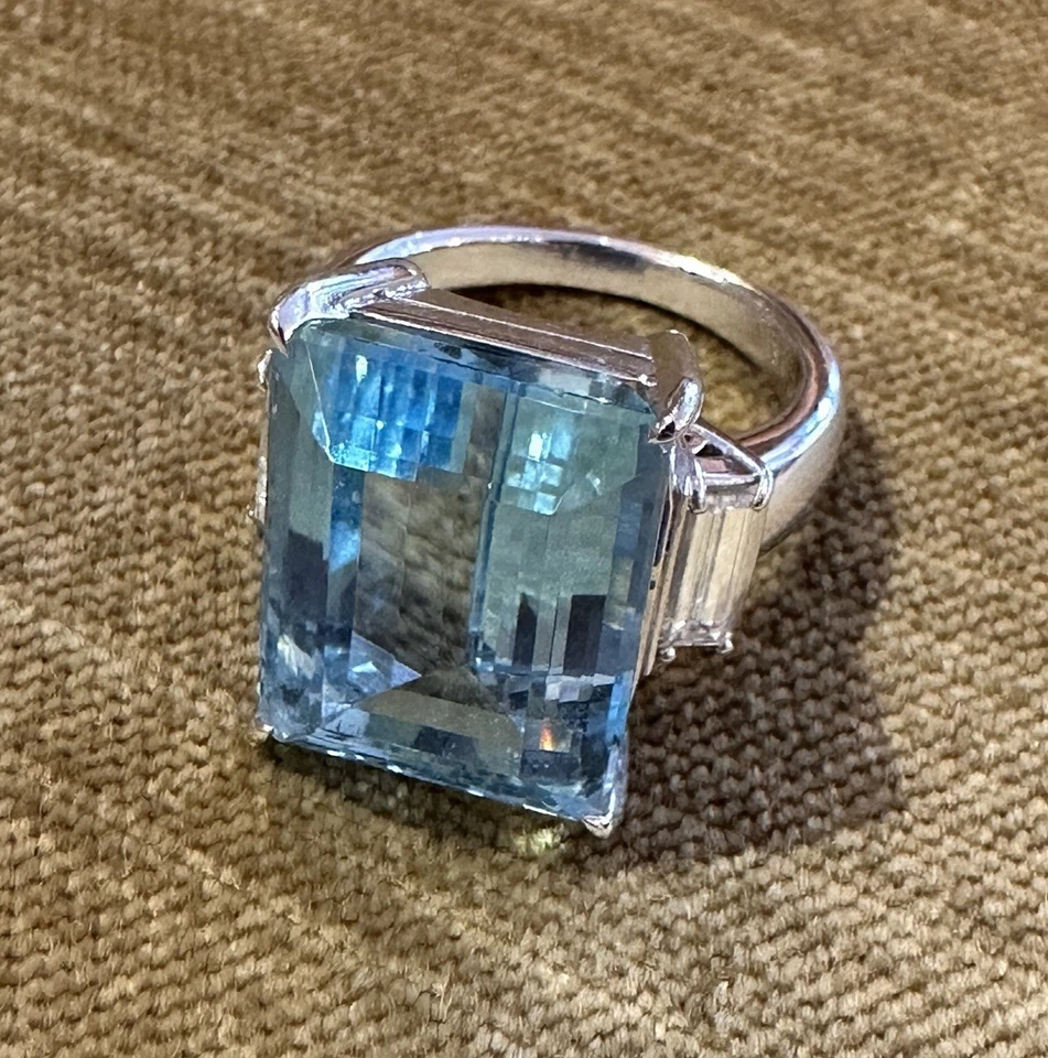 Natural 14.12 ct Aquamarine & Diamond Three Stone Ring in Platinum - HM2744BZ