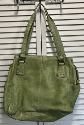Fossil Pebble Satchel Green Leather Top Zip Double Strap Sev Pockets