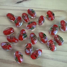 20 RED WITH PINK FLOWER OVAL- Lampwork Glass Beads   approx 16mm DIY JEWELRY