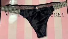 NWT VICTORIA'S SECRET L BLACK SMOOTH BOW FAUX DIAMOND SMOOTH RARE THONG PANTIES