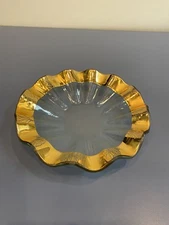 RARE VTG 1985 ANNIE GLASS Crackled Gold Ruffled Edge Rim Dish 7.5"W SIGNED HTF