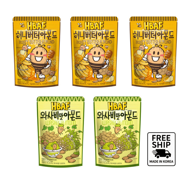 HBAF Almond Combo – Honey Butter 3 + Wasabi 2 (120g × 5) Korean Snack