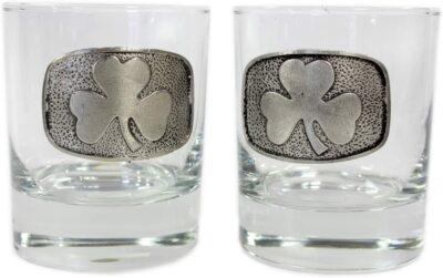 Mullingar Pewter Irish Whiskey Glass Set Shamrock Pewter Medallions 6 oz