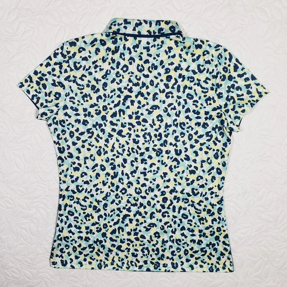 NUEVO CON ETIQUETAS J.Lindeberg Cara Polo Mujer L Estate Azul Leopardo Contraste Golf Rendimiento Foto 2 de 4