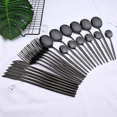 24pcs Black Western Dinnerware Set Stainless Steel Cutlery Set Tableware Set  