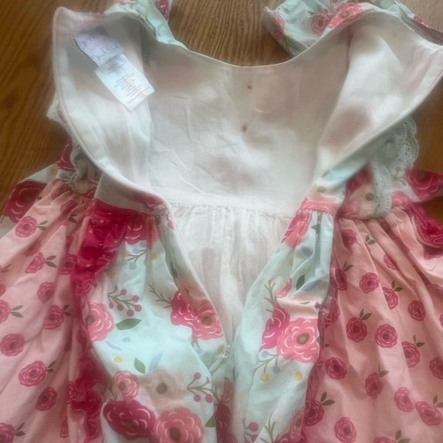 Serendipity Girl's Rose Print Ruffle Twirly Dress Pink Blue 3/4 *Measurements - Picture 3 of 8