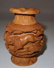 Vintage Carved Wood Vase  Elephant, Tiger, Deer, Lion Attack