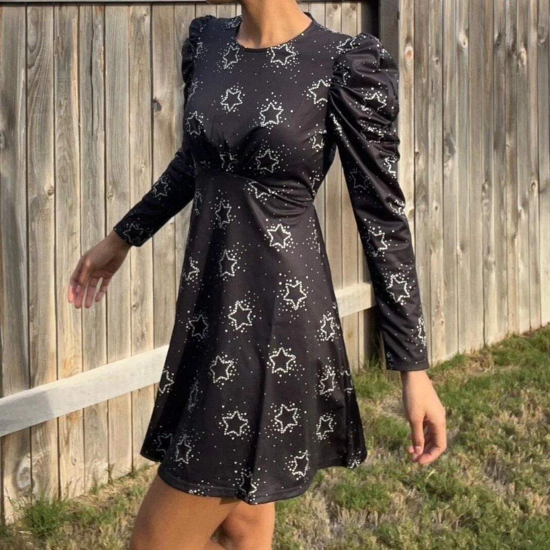 NEW Topshop Size 4 Star Print Jersey Flippy Mini Dress Black