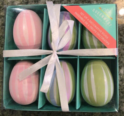 QUEENWEST  Wooden Painted  Easter Eggs -Set of Six Spring Colors- Gift Box  NEW 