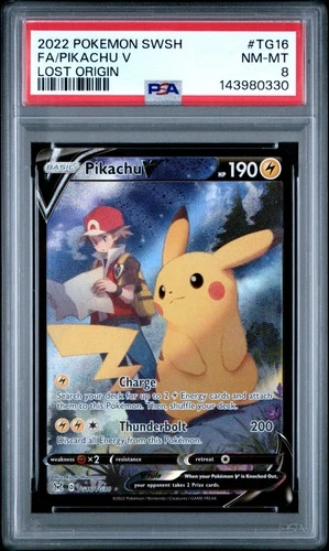 2022 POKEMON SWORD & SHIELD LOST ORIGIN #TG16 FULL ART/PIKACHU V PSA 8