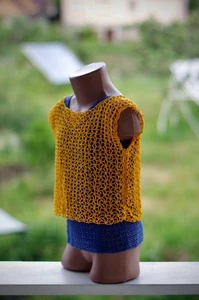 Handmade Crochet Top Set Girls 9-12 Yrs Yellow Mesh Mesh & Blue Tank Boho Summer