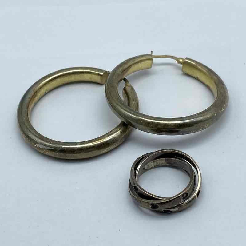 Sterling Silver 925 Gold Tone Hoop Earrings & Rolling Heart Ring Size 5.5 16.4g