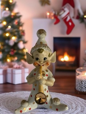 Vintage 1950 s Pixie Elf In Polka Dot Christmas Figurine 7 ; Playing Saxophone