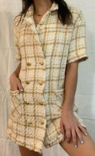 Zara Tweed Check Plaid Blazer Mini Dress Size XS Excellent Condition Gold Cream