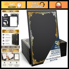 50 Pack Black Certificate Holders 8.5x11 - Heavyweight Diploma Folders with Gold